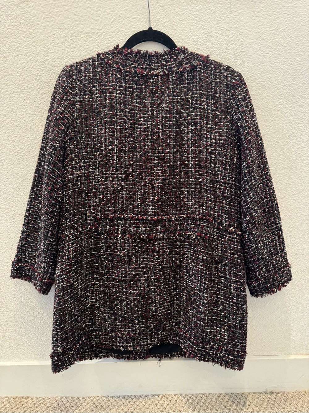 Ann Taylor tweed jacket w/ dark, multi-color textured design and fringe detail - Picture 5 of 16